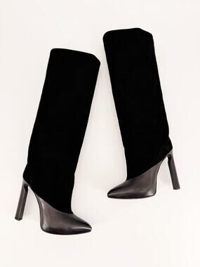 Jimmy Choo Derive Black Leather Suede Knee High Boots Size 38 EU US 8 Heel